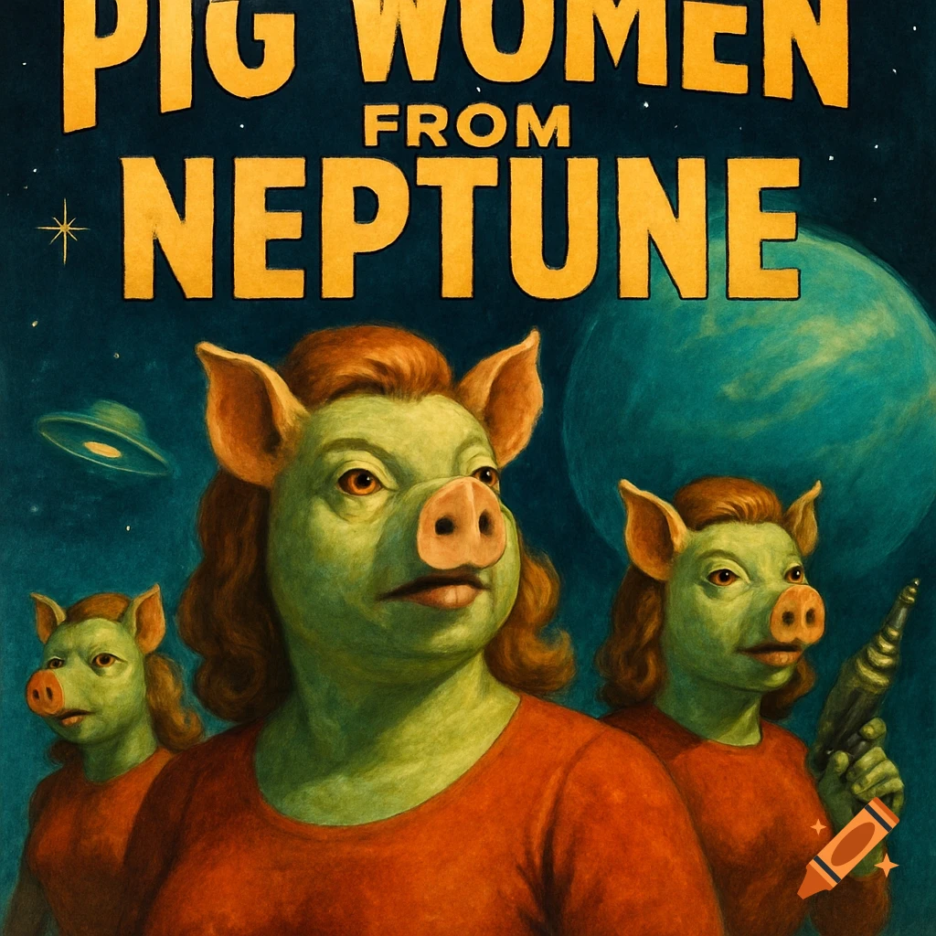 Movie poster for Pig Women From Neptune showing pig-like women in space with a UFO.