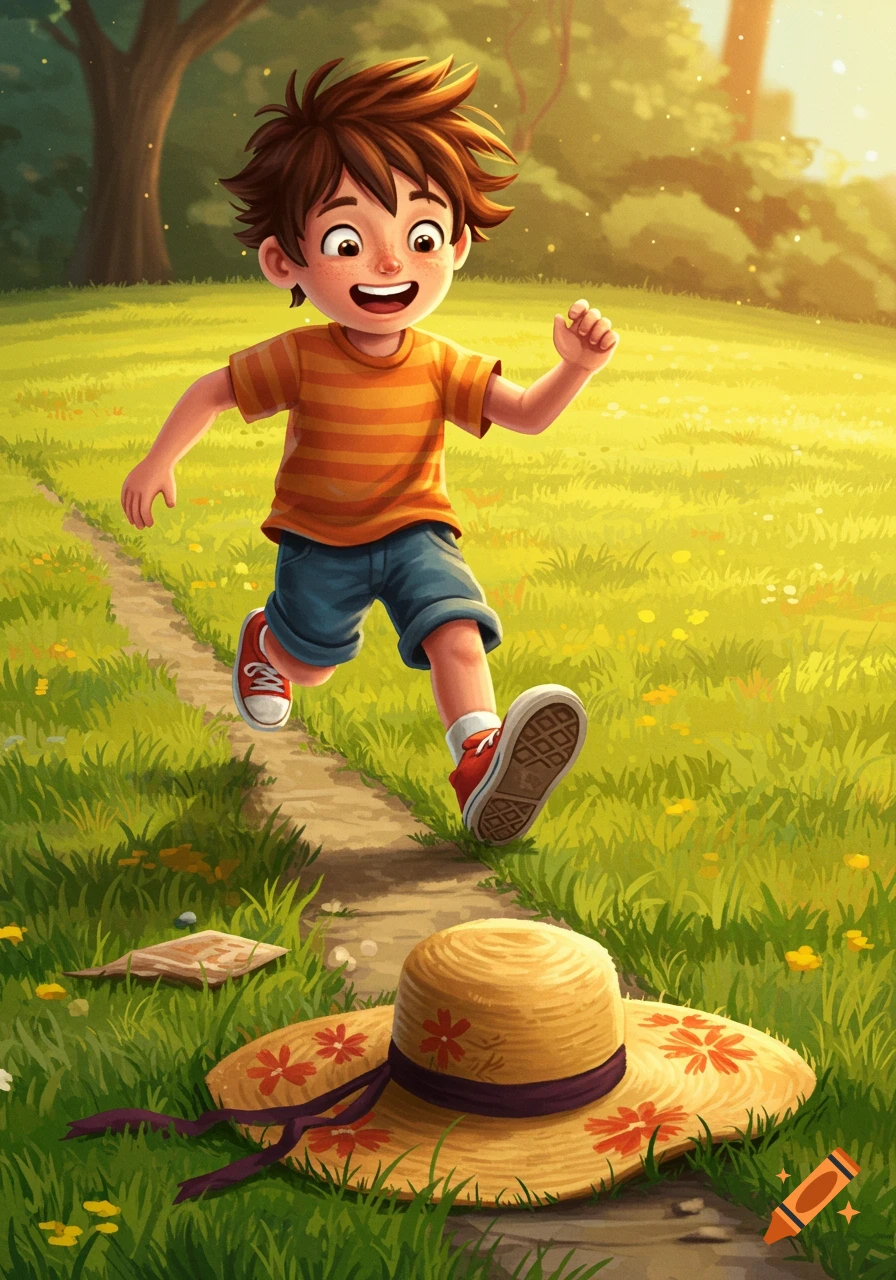 Illustration of a boy running on a path in a sunny field, past a straw hat