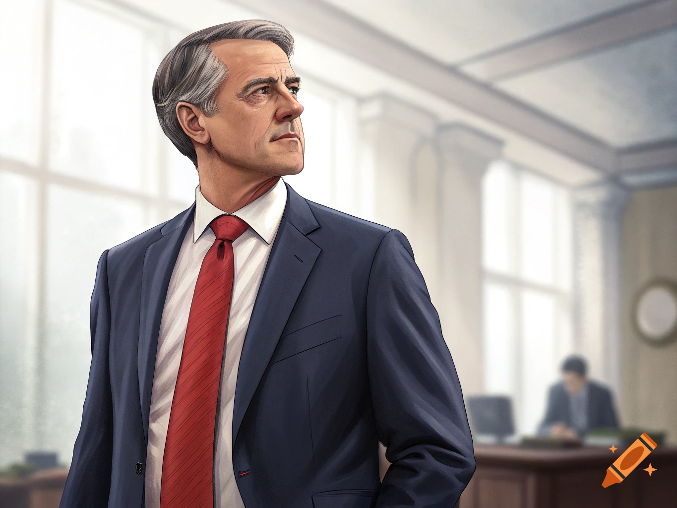 A man in a suit and red tie looks intently to the side in an office. on ...