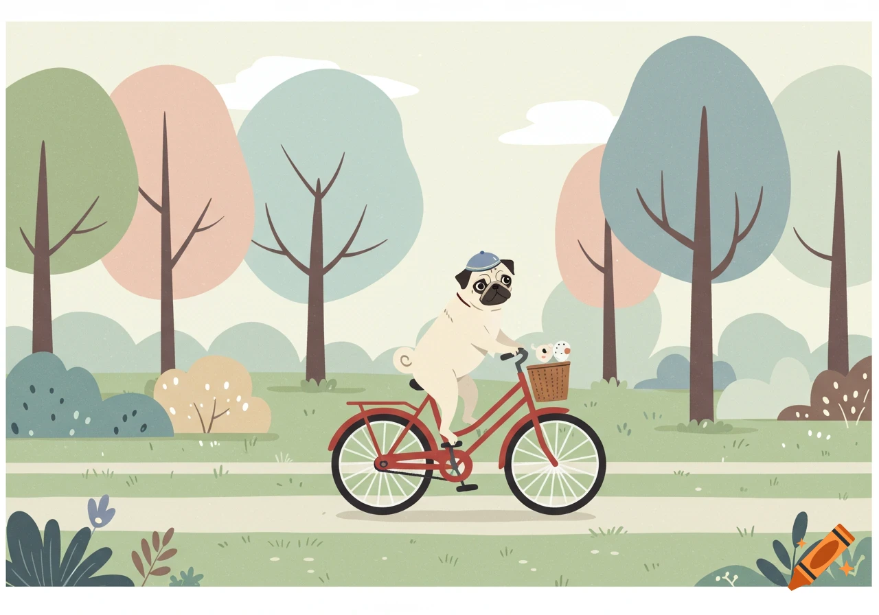 An illustration of a pug dog riding a red bicycle through a pastel park with trees.