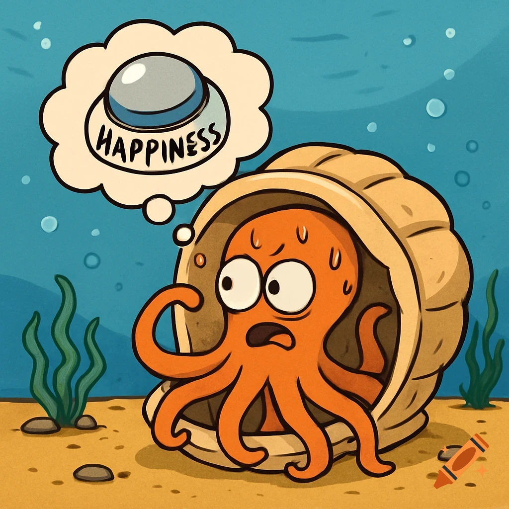 A cartoon octopus in a shell, sweating with wide eyes, thinking about a button labeled 'Happiness' in a thought bubble, underwater.