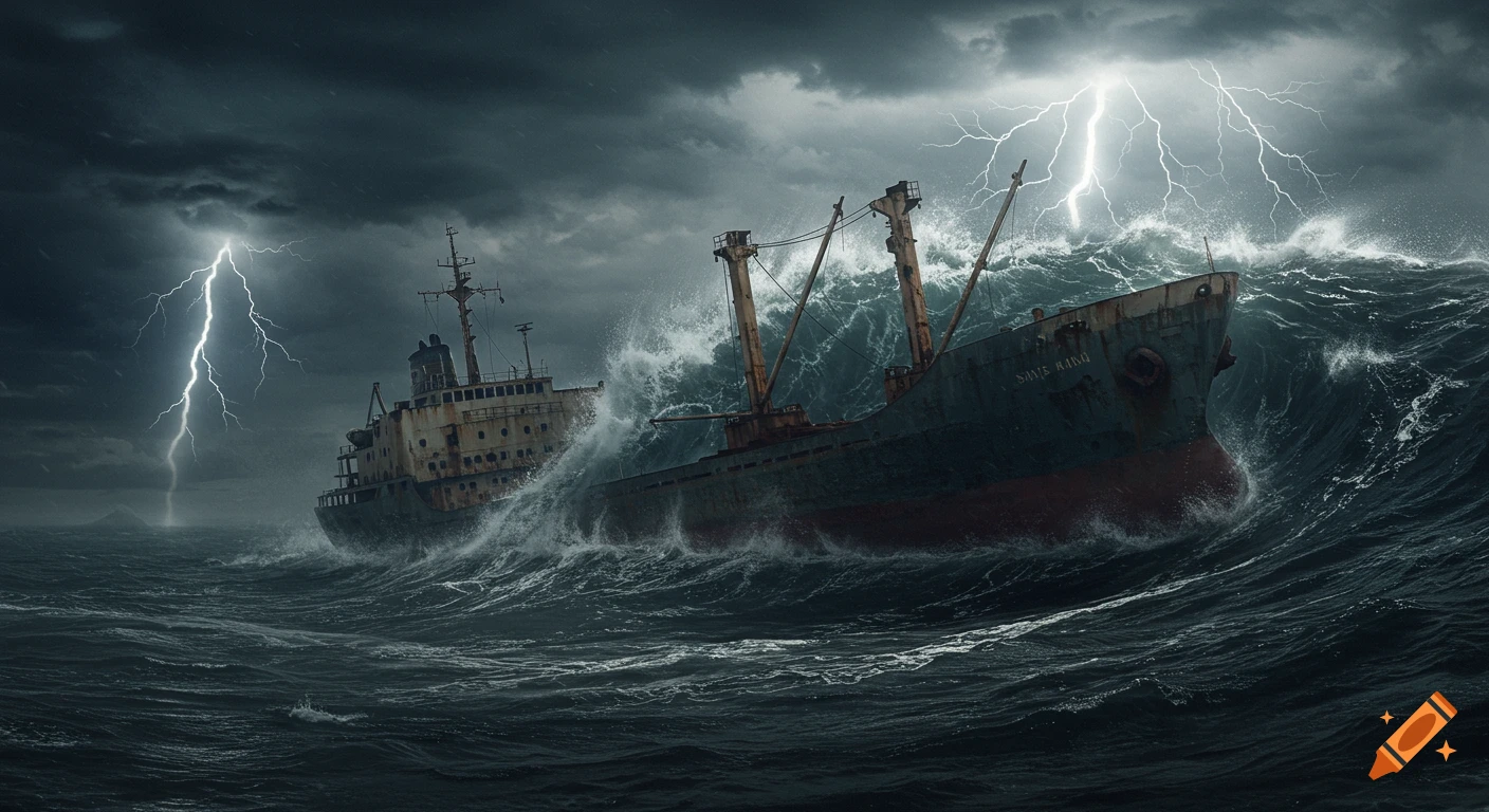 Ship battling a storm with lightning and large waves