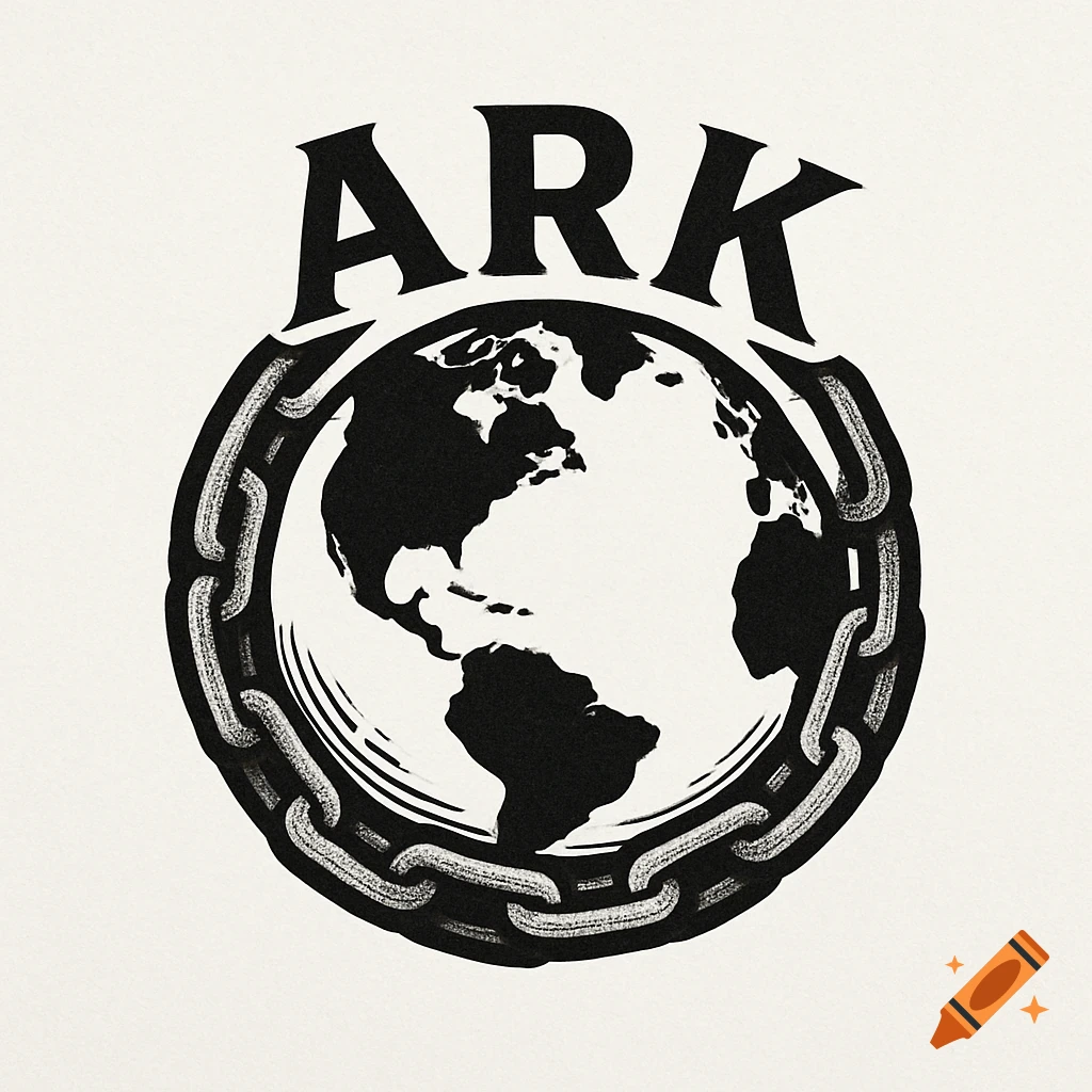Black and white logo with 'ARK' above a globe encircled by a chain.