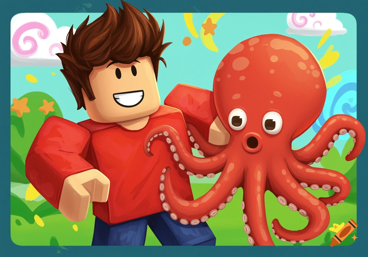 Roblox-style character with a red octopus in a bright, playful illustration.
