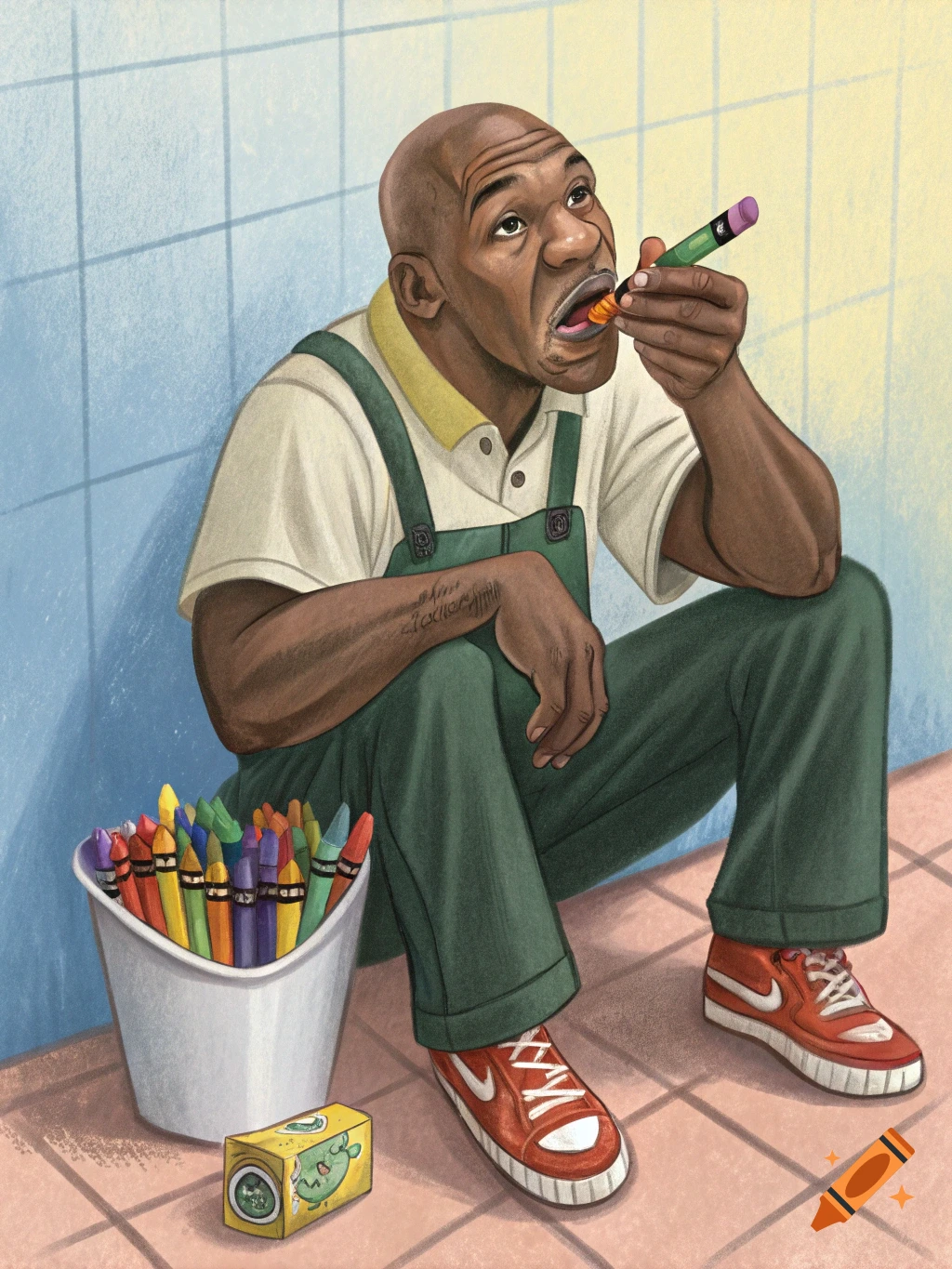 Illustration of a bald man in overalls sitting by a bucket of crayons, eating a crayon.