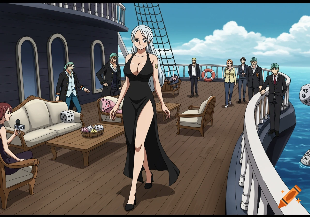 Female anime character in black dress on ship deck with other characters.