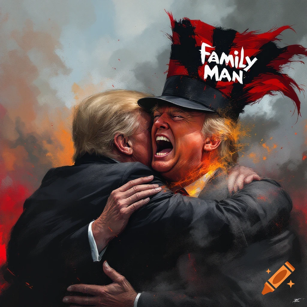Painterly illustration of two men embracing intensely, one resembling Donald Trump, with a distressed face and 'FAMILY MAN' text on a hat.