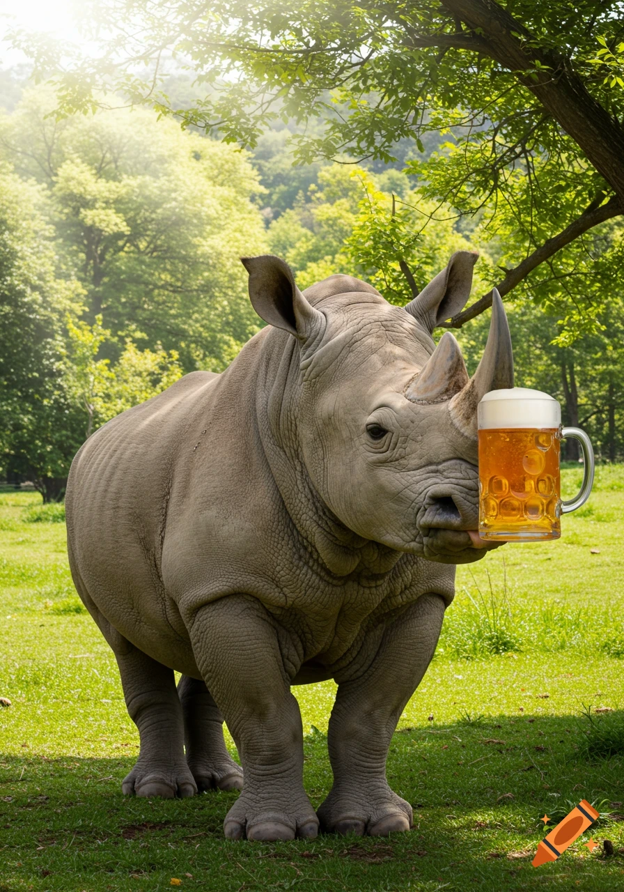 A rhinoceros holds and appears to drink from a large mug of beer in a sunny park.