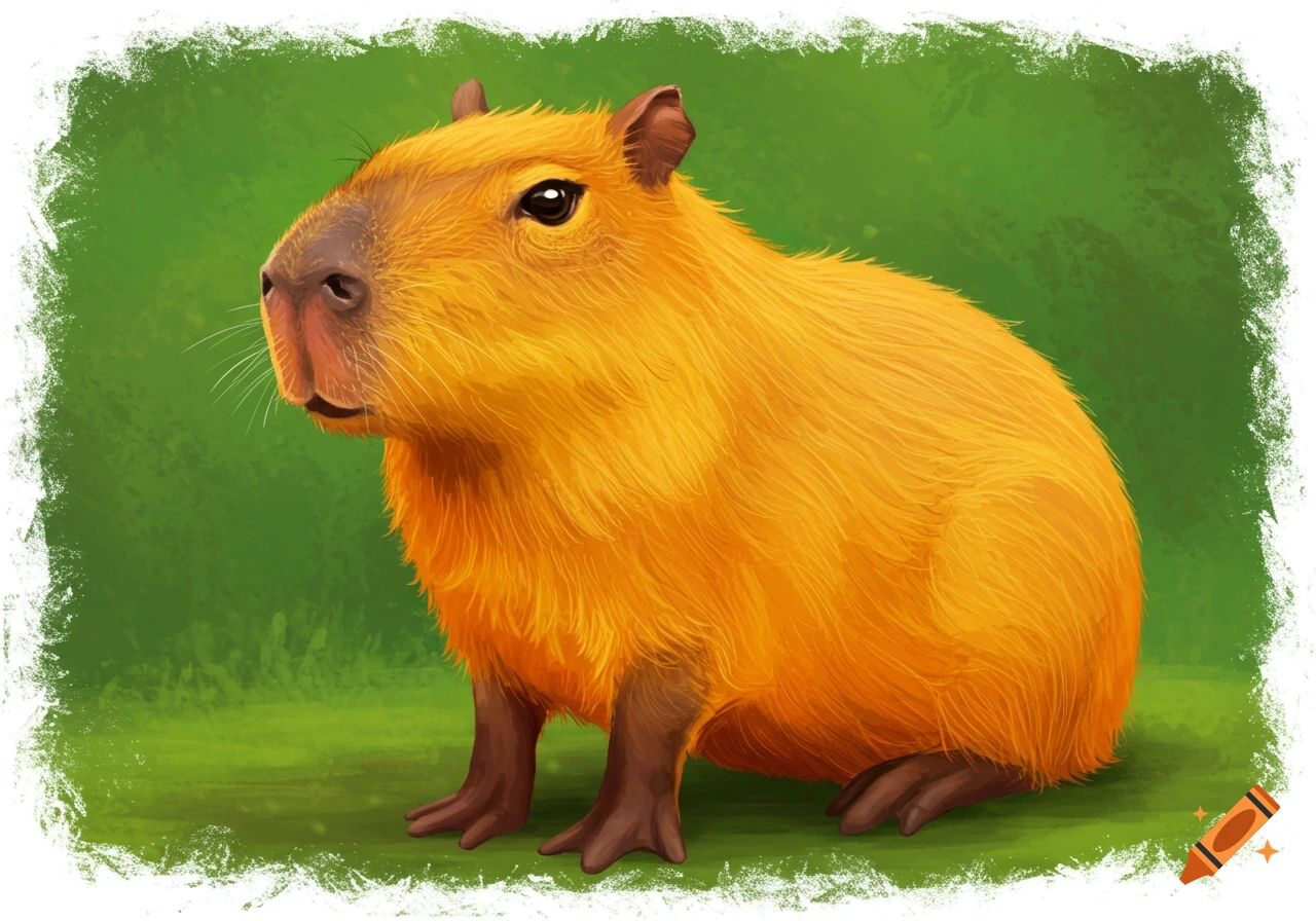 Illustrated capybara with orange fur sitting in grass against a green background