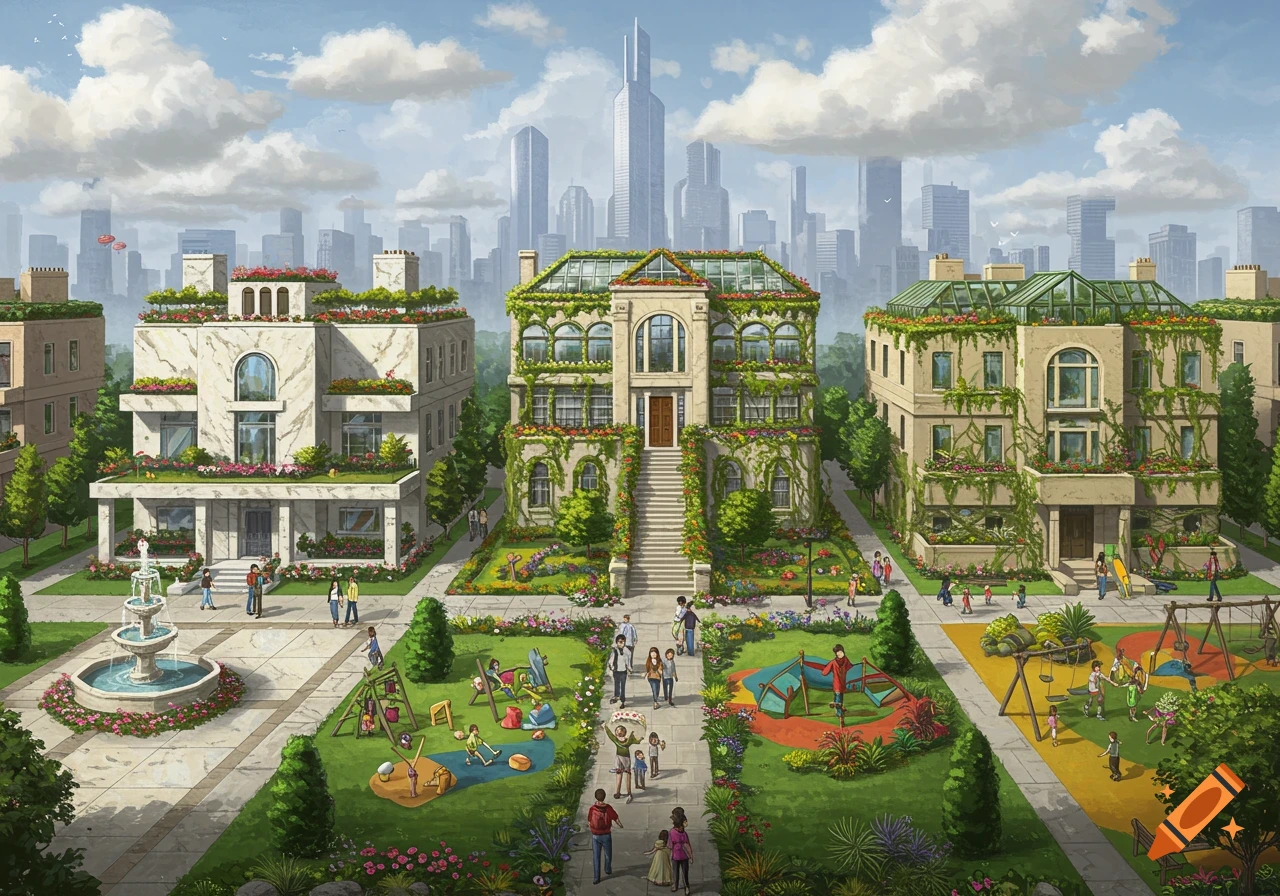 Illustration of a utopian neighborhood with large houses, gardens, playgrounds, fountain, and people, with cityscape.