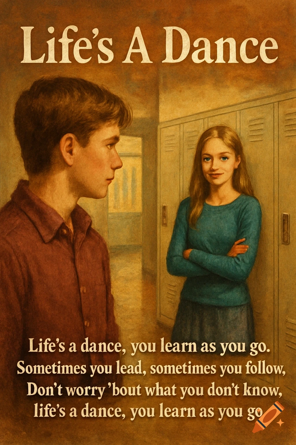 Painting of a teenage boy and girl in a school hallway with text 'Life's A Dance' and a quote.
