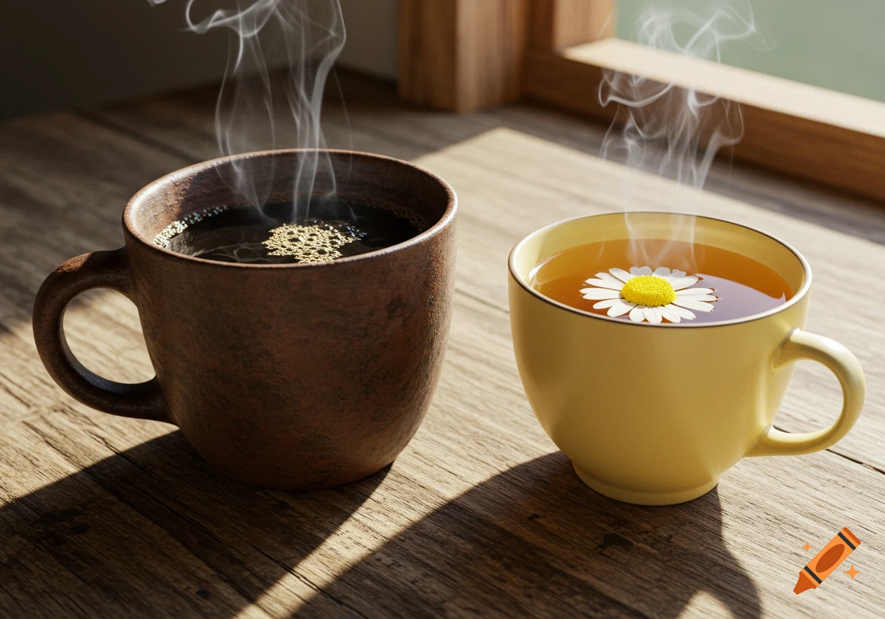 Two steaming cups, one coffee, one tea with a daisy, on a sunlit wooden table.