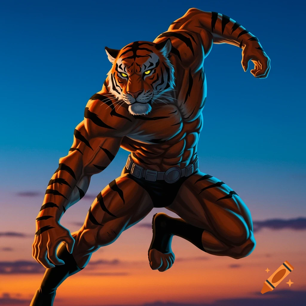 Muscular humanoid tiger leaps against a sunset sky, comic book style illustration.