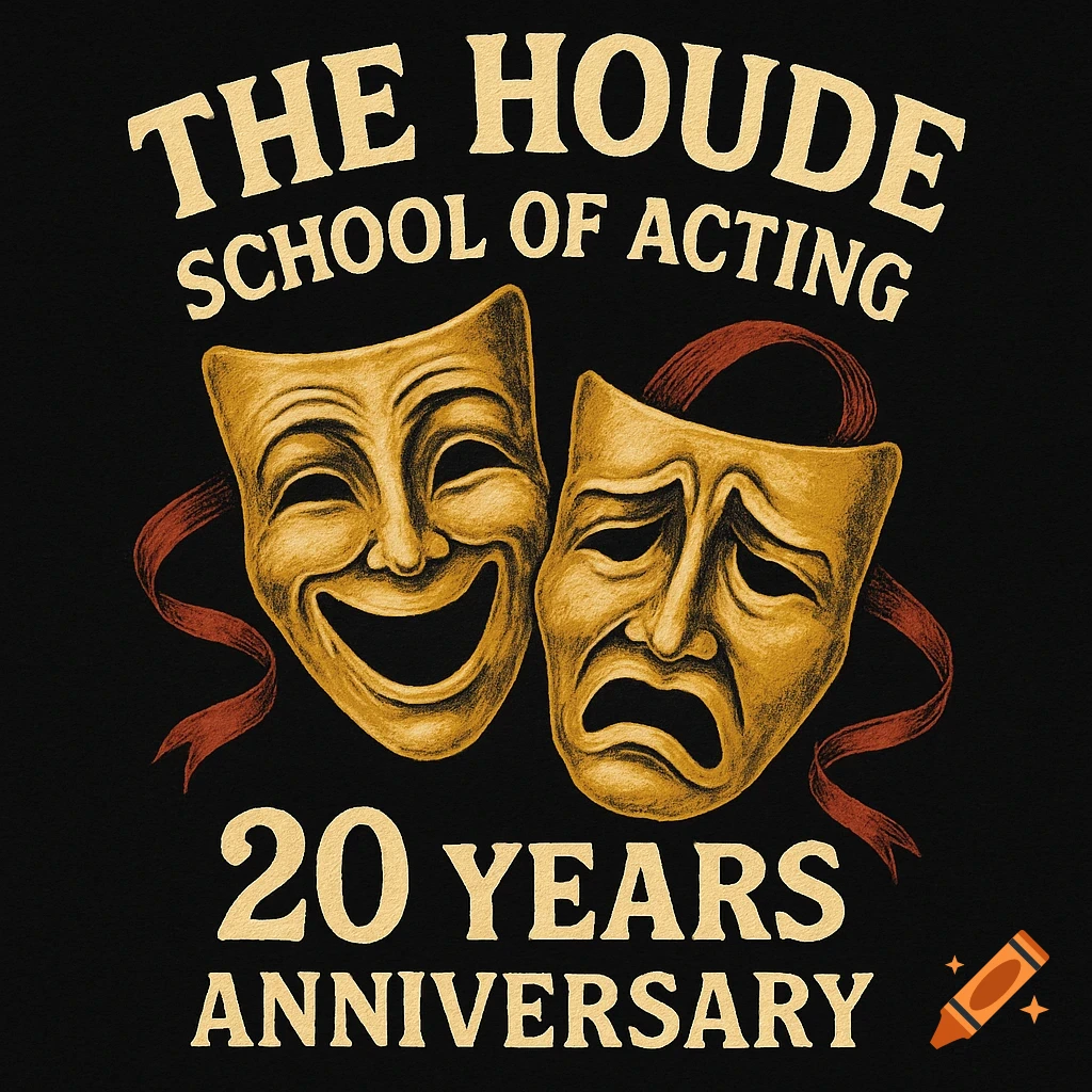 Comedy and tragedy theater masks with text 'THE HOUDE SCHOOL OF ACTING 20 YEARS ANNIVERSARY' on a black background.