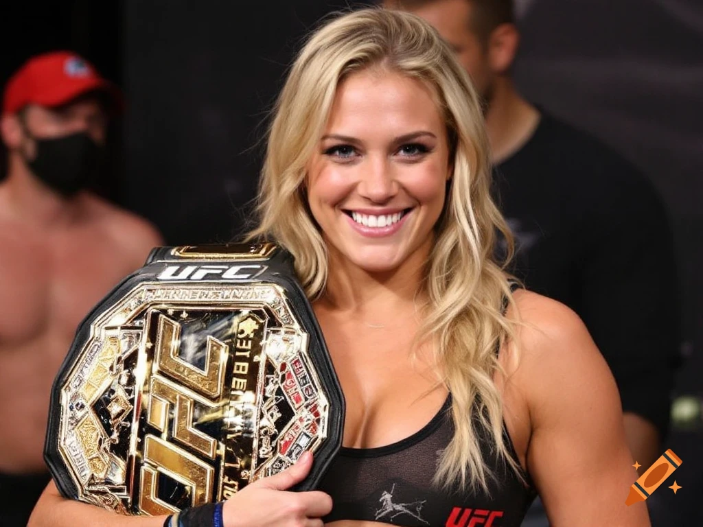 Smiling blonde woman in sports attire holding a UFC championship belt.