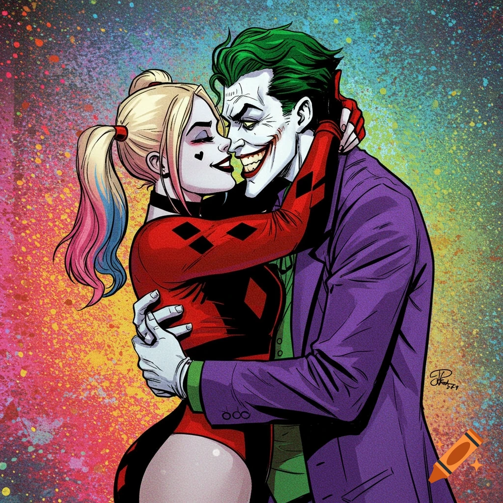 Harley Quinn and The Joker embrace in a colorful comic book illustration