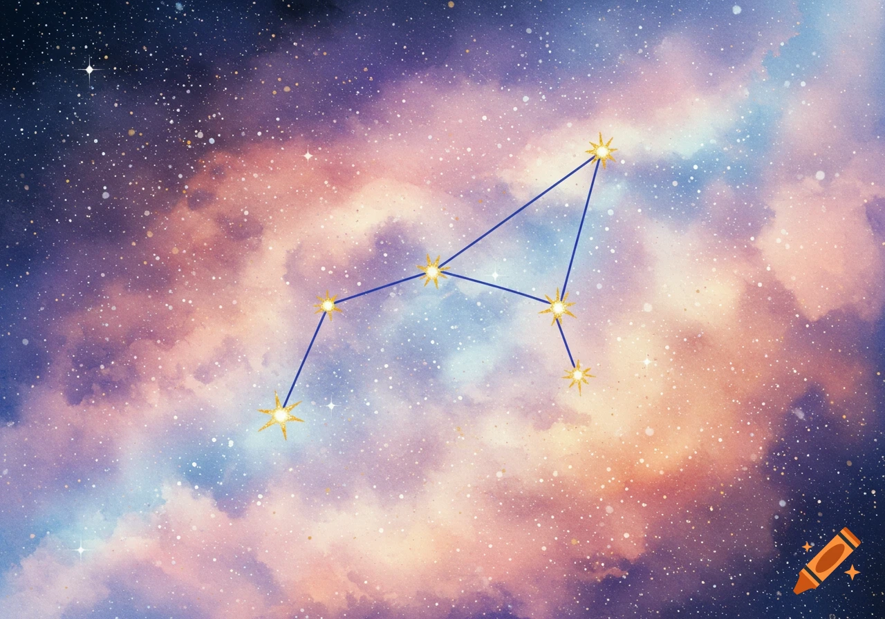 Watercolor painting of the Phoenix constellation over a colorful nebula.