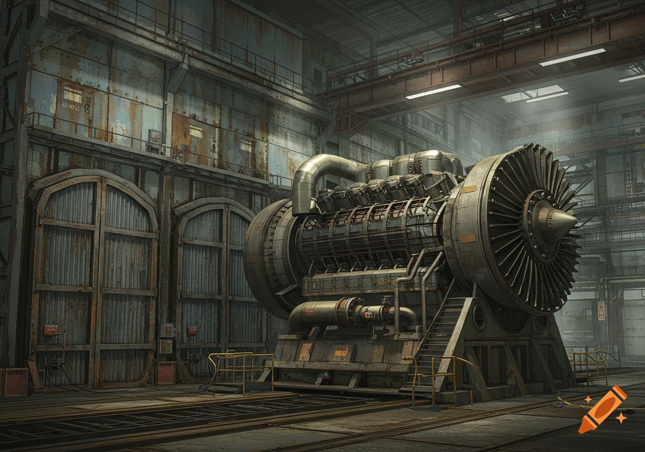 A large industrial gas turbine engine sits inside a decaying building.