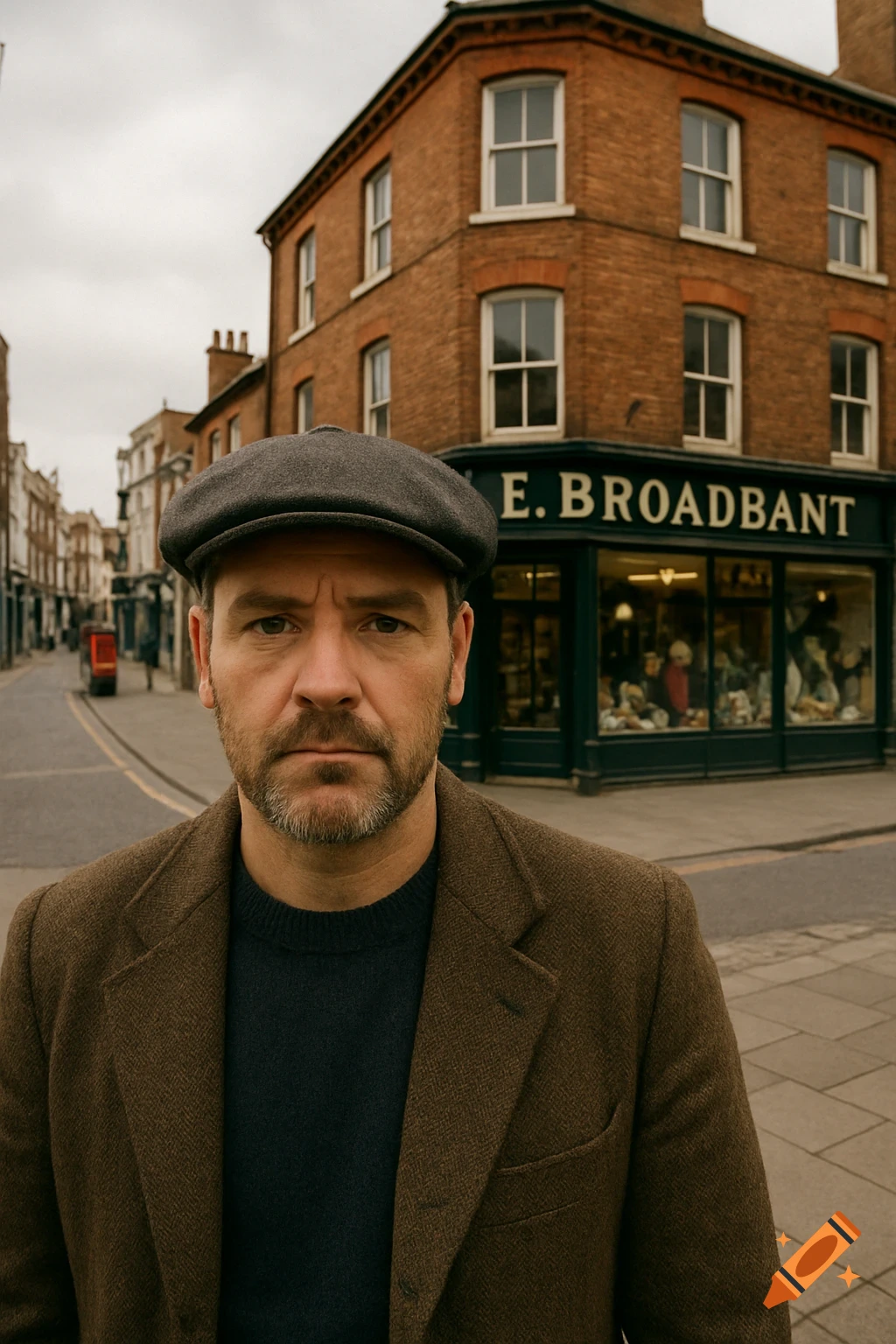 A man in a flat cap and brown jacket stands on a street in front of a building with an 'E. BROADBANT' sign.