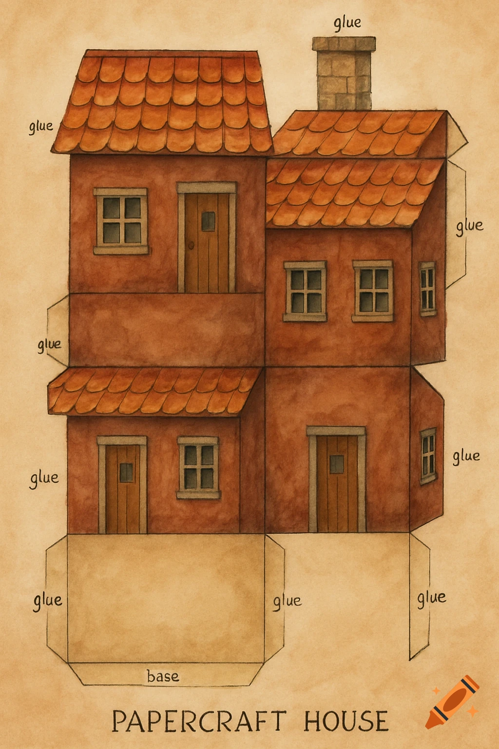 A watercolor illustration of a papercraft house template with labels for cutting and gluing.