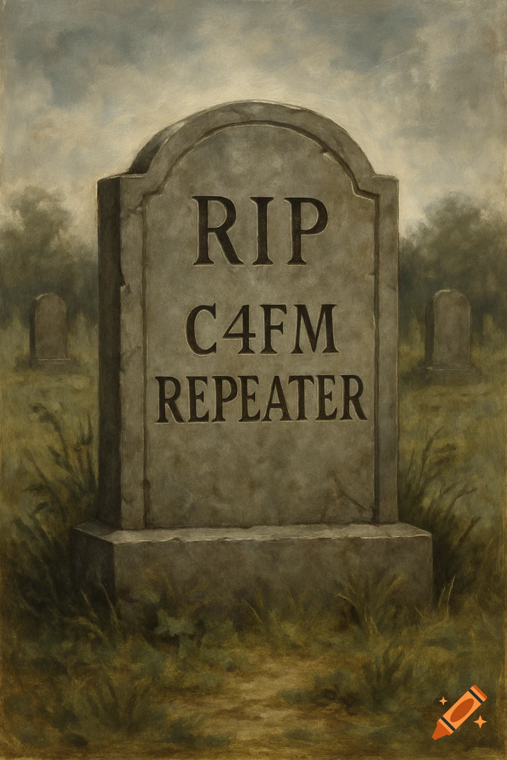 Painting of a tombstone reading RIP C4FM REPEATER in a graveyard.