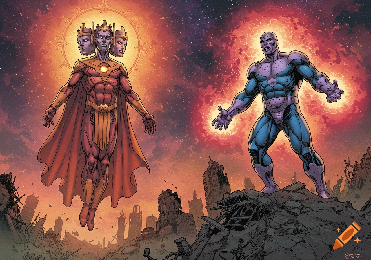 Living Tribunal and Beyonder face off in a ruined city with cosmic background, comic art.