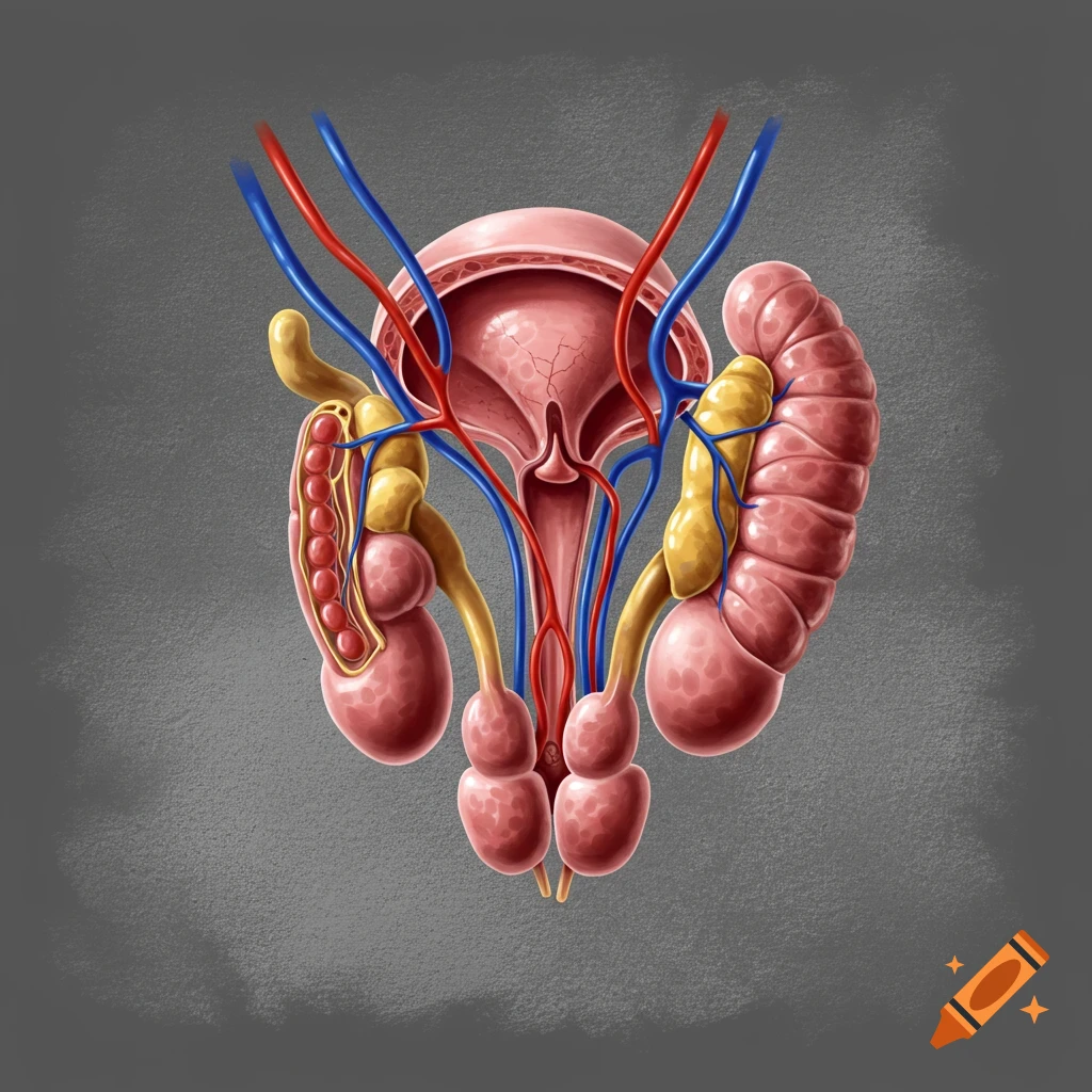Anatomical illustration of the male reproductive system with blood vessels.