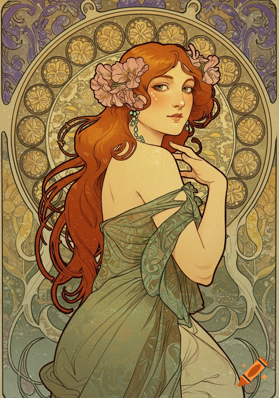 Art Nouveau style portrait of a red-haired woman with flowers in her hair.