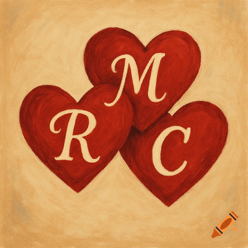 Three red hearts on beige background with letters R, M, C.