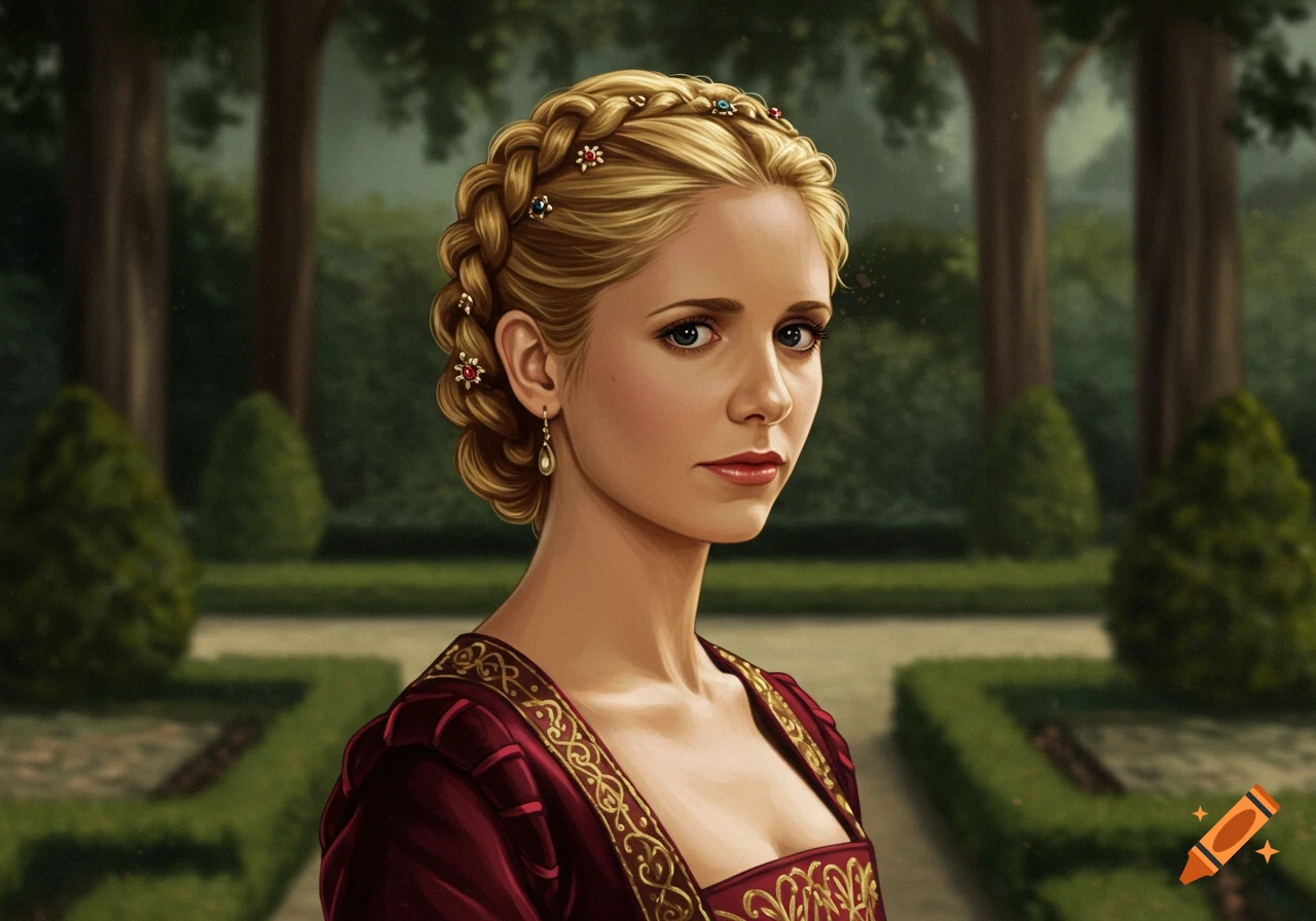 Portrait of a woman in red Renaissance dress with braided hair and jewels in a garden, digital painting.
