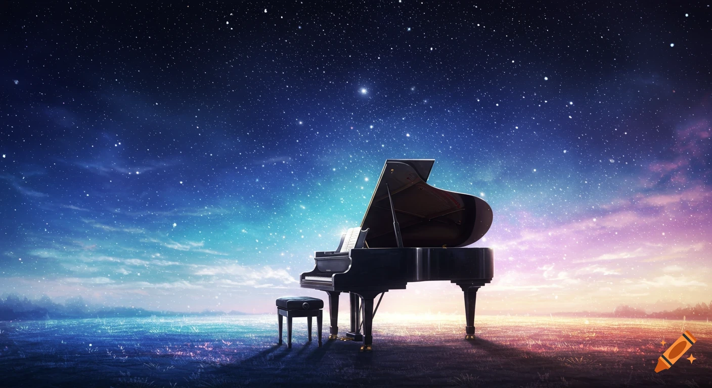 A grand piano sits in a field under a vast, starry night sky with colorful clouds.