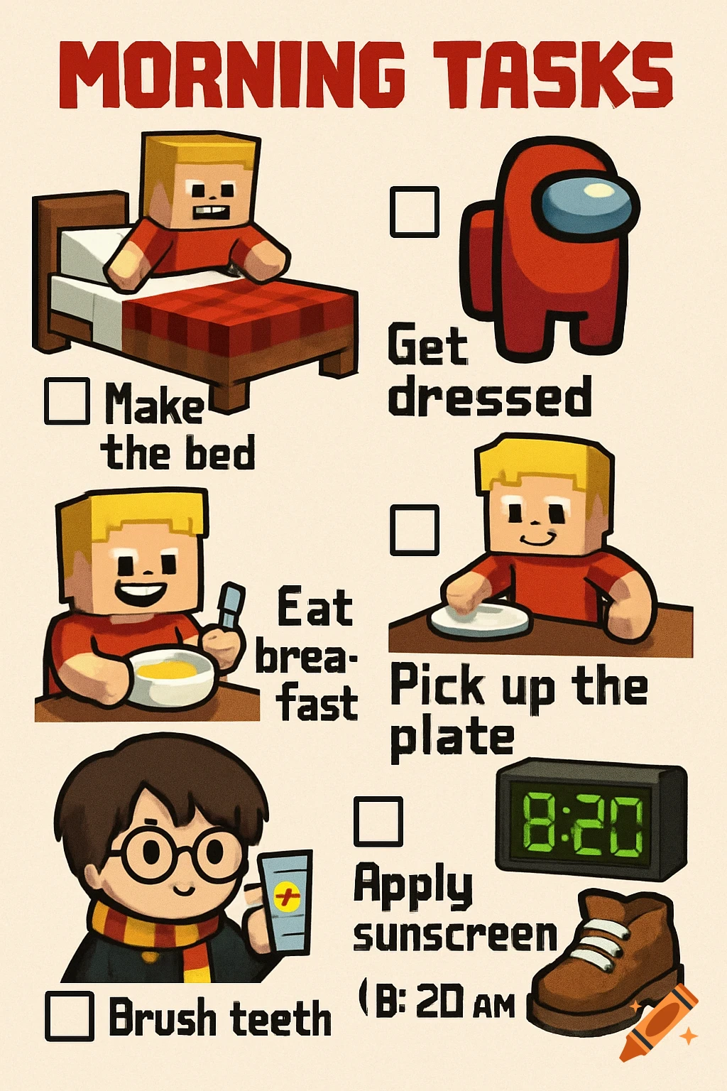 A morning task list featuring characters in Minecraft, Among Us, and Harry Potter styles completing chores like making the bed, eating breakfast, and brushing teeth.