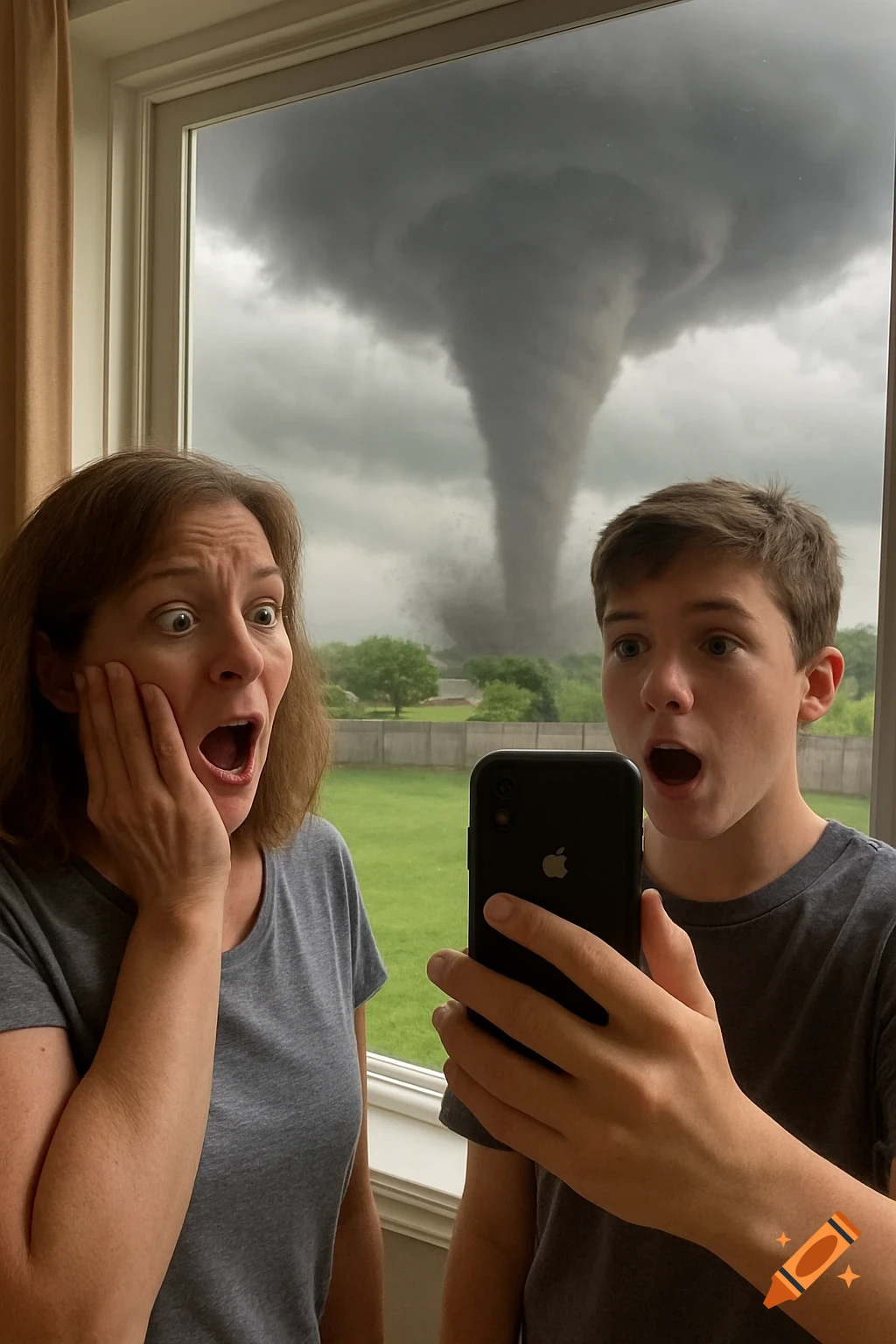 A woman and a boy look shocked at a large tornado visible through a window, the boy holding a phone.