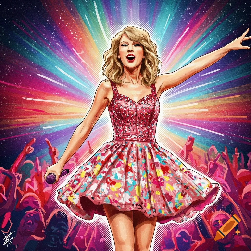 Colorful illustration of a pop singer performing on stage with a crowd.