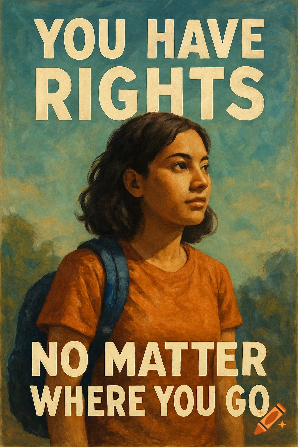 Vintage poster of a young person with a backpack and text 'YOU HAVE RIGHTS NO MATTER WHERE YOU GO'.