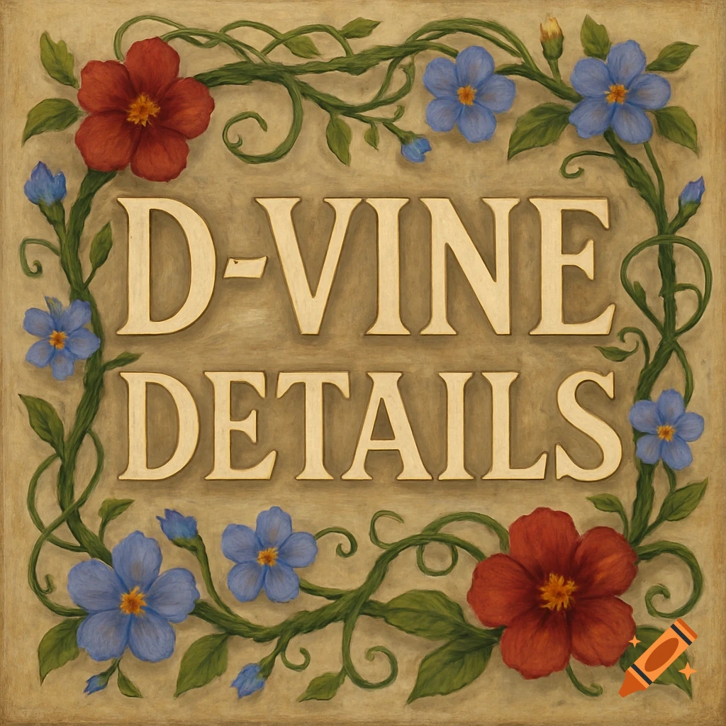A decorative sign reading 'D-VINE DETAILS' surrounded by red and blue flowers and green vines in a painted style.