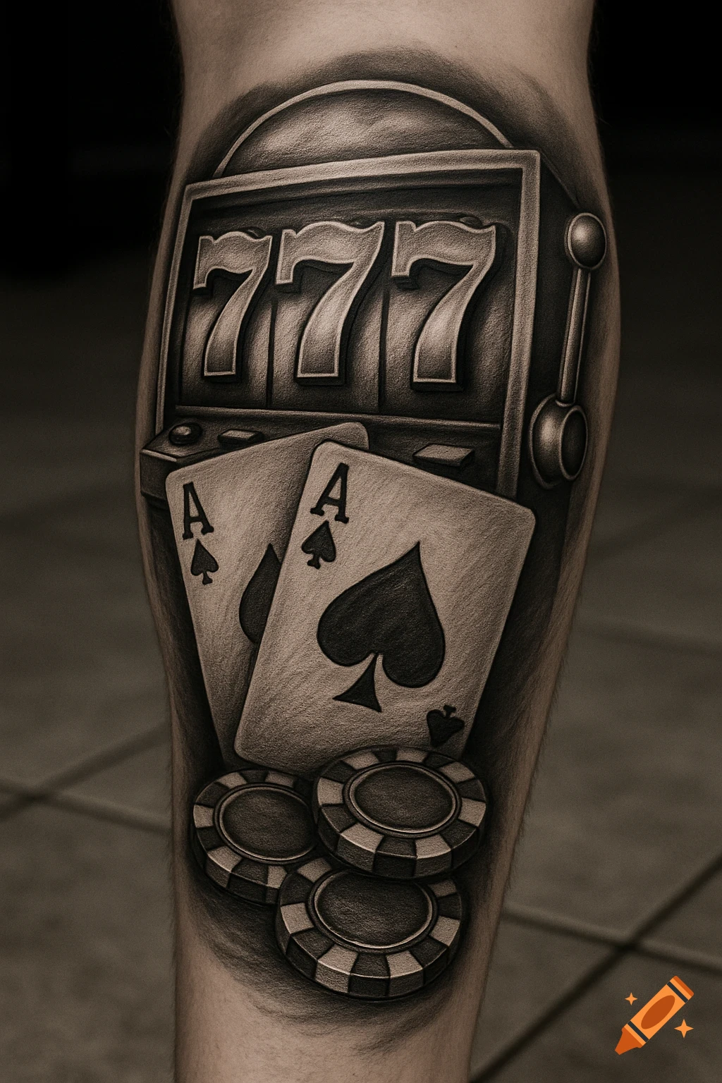 Black and white tattoo of a slot machine with 777, aces of spades, and poker chips on a leg.