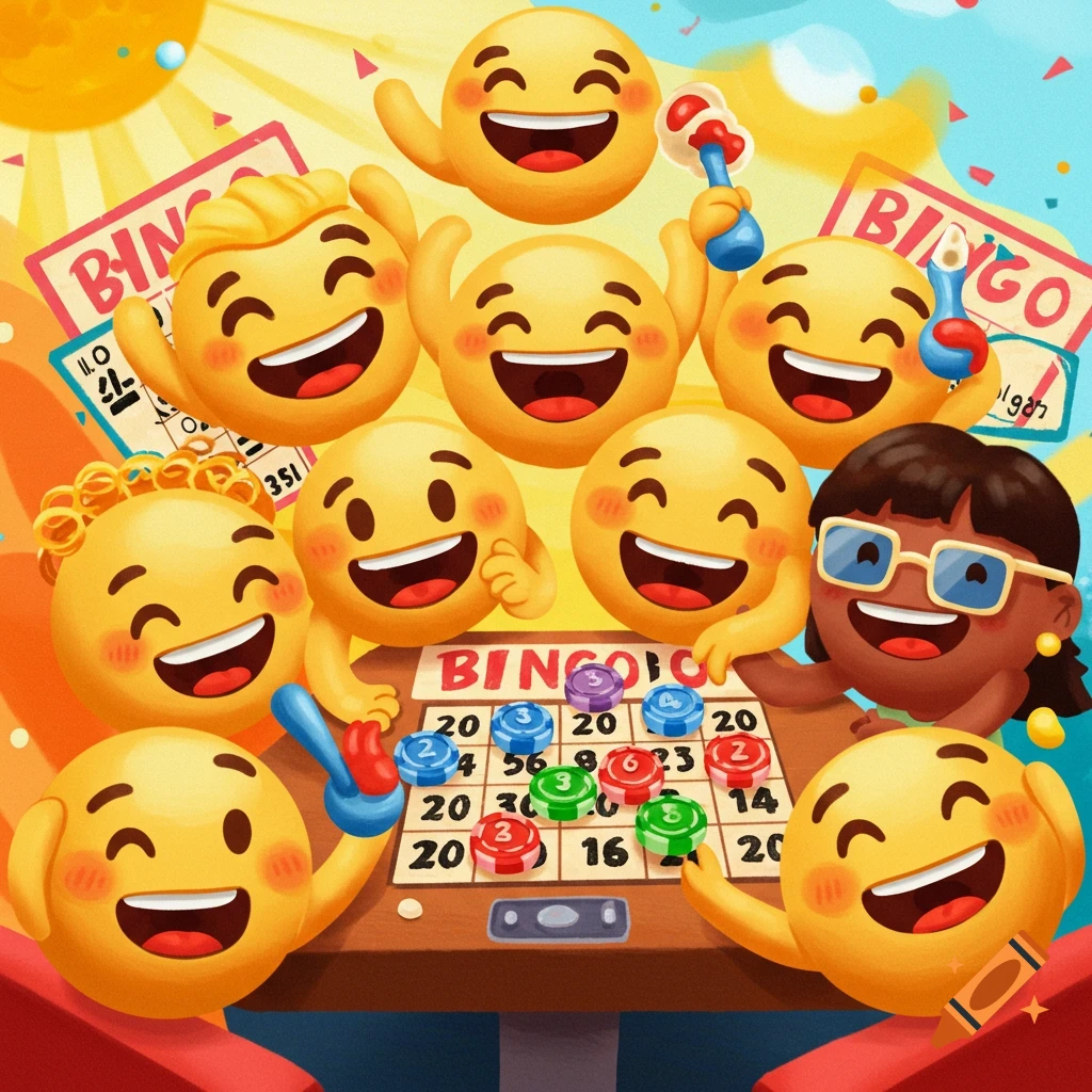 Happy emojis and a person playing bingo at a table