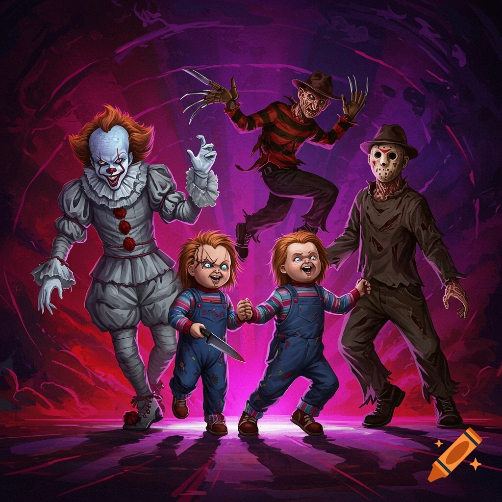 Illustration of Pennywise, Chucky, Freddy Krueger, and Jason Voorhees dancing.