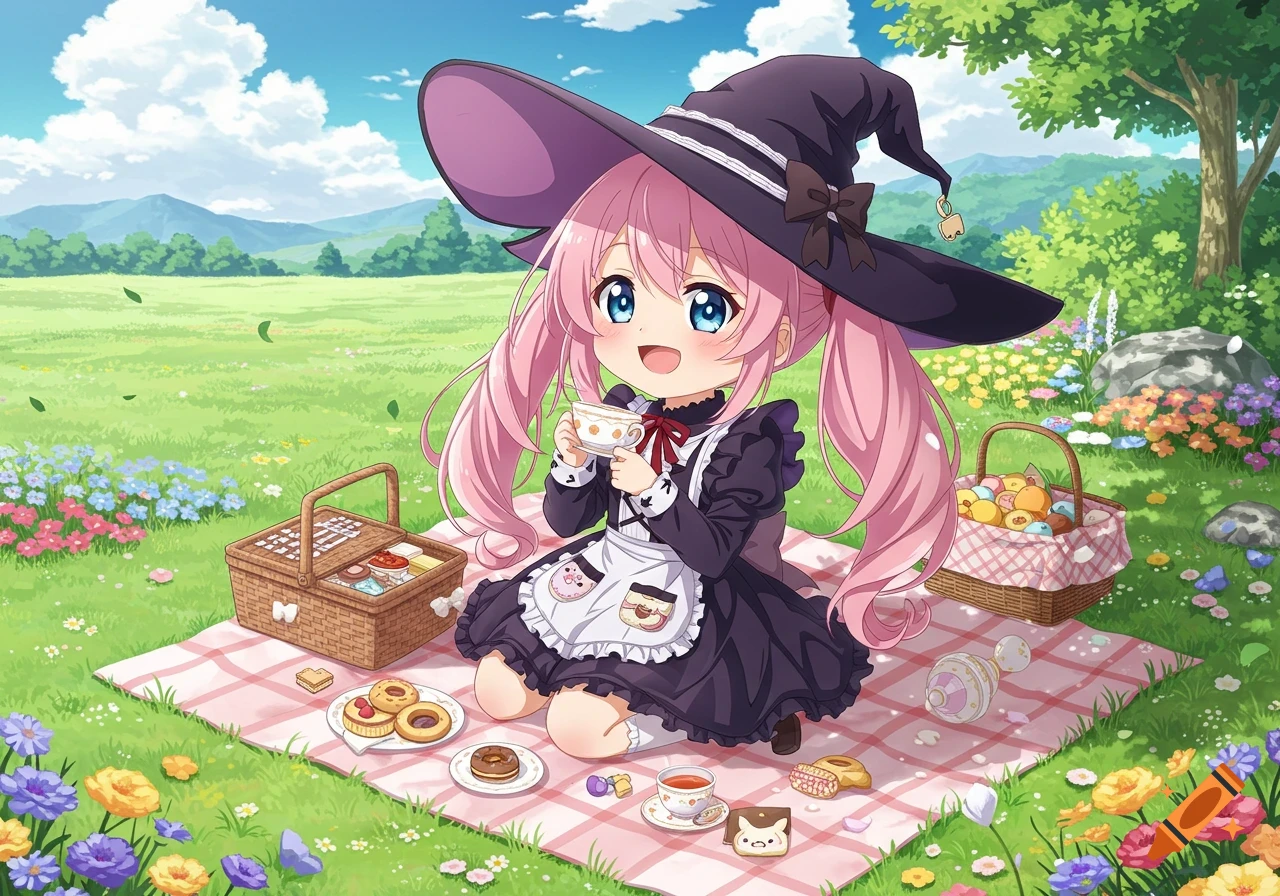 A cute anime witch girl sits on a picnic blanket in a field, holding a ...