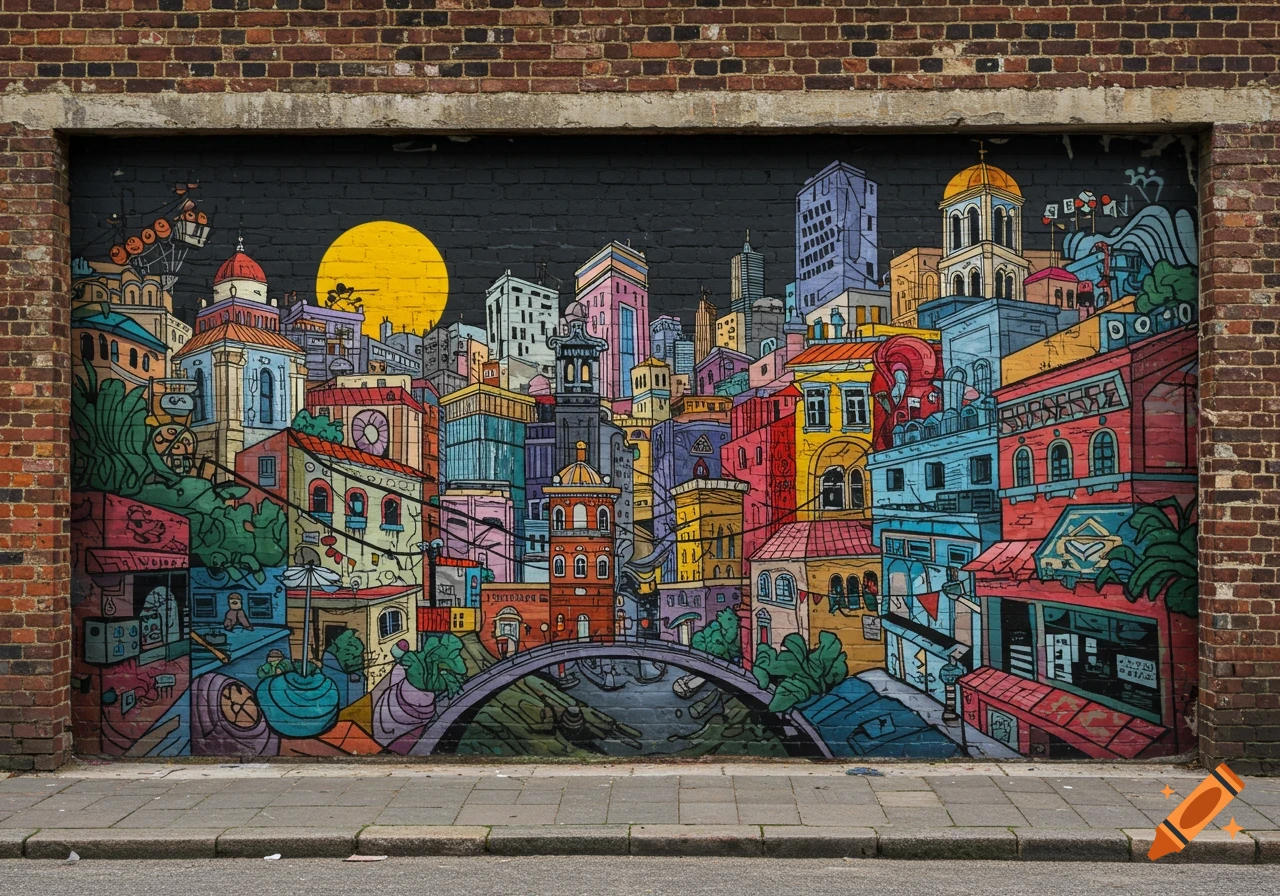 Colorful mural of a vibrant fantasy city on a brick wall, with buildings, a bridge, and a sun.