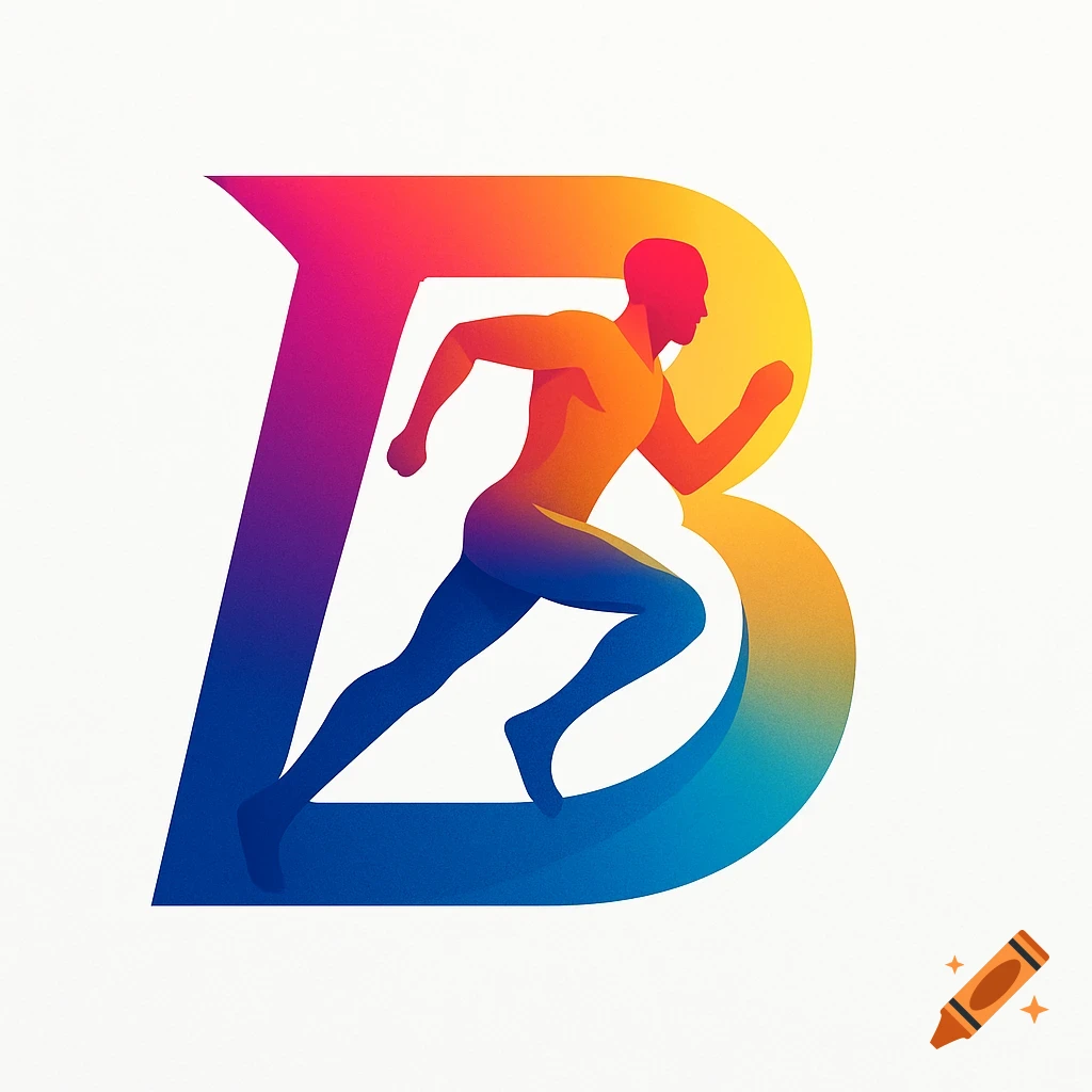A stylized letter B with a runner silhouette inside, using vibrant gradient colors on a white background.