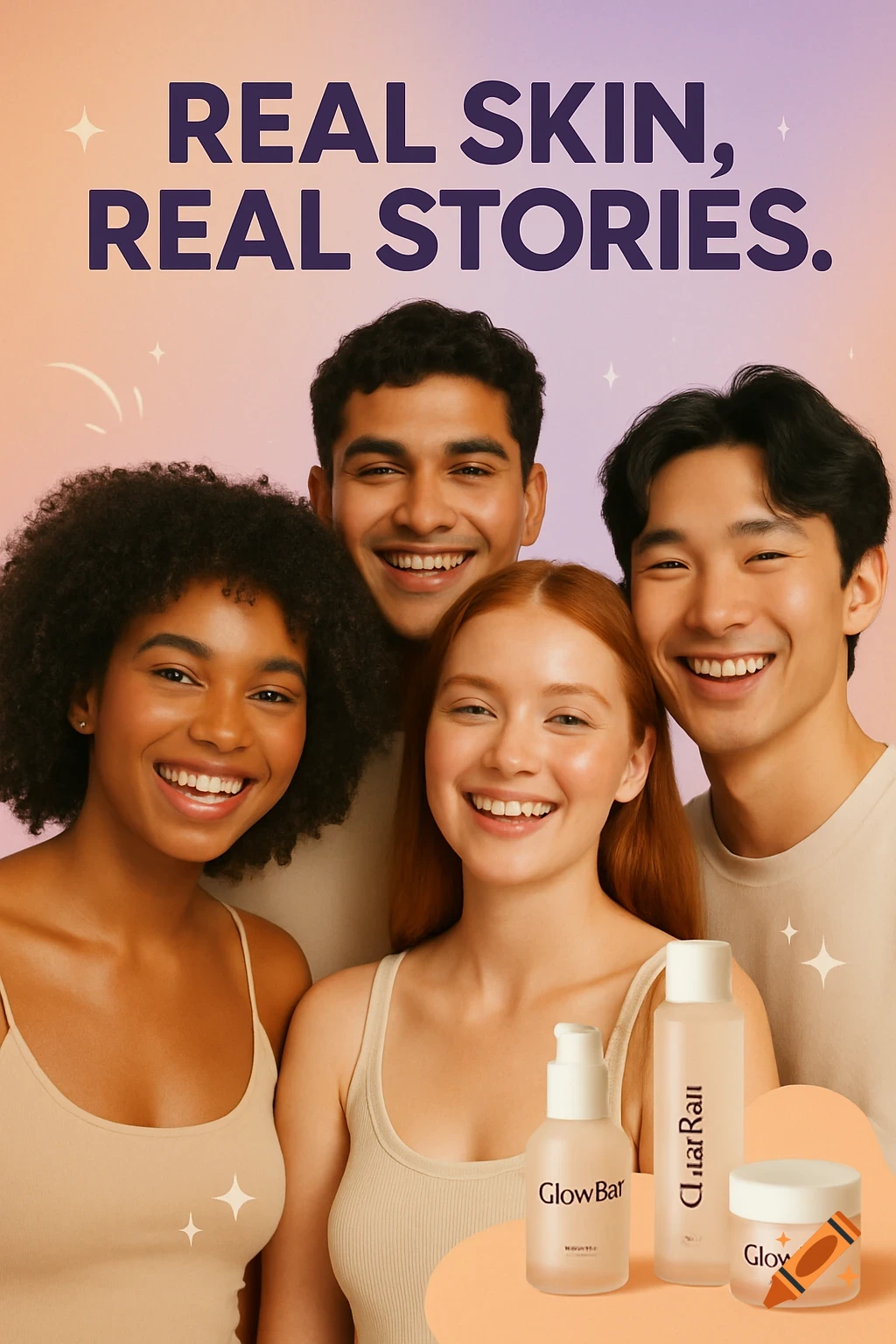 Diverse group smiling with skincare products and text 'Real Skin, Real Stories.'
