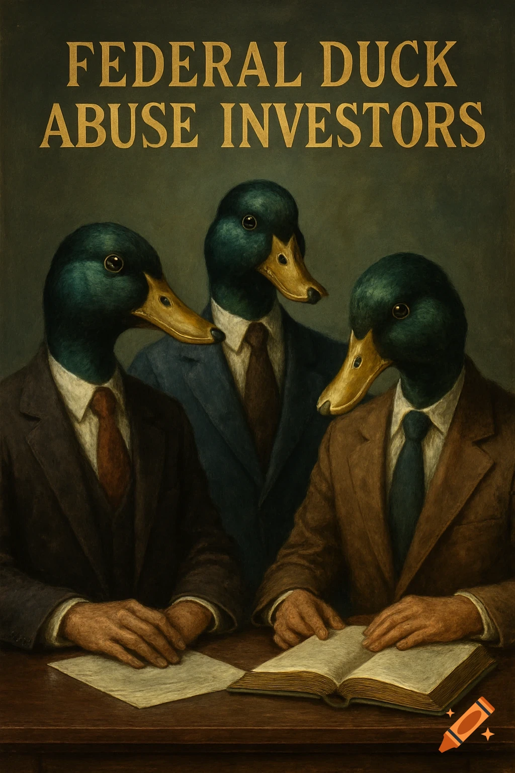 Painting of three anthropomorphic ducks in suits at a table with text 'FEDERAL DUCK ABUSE INVESTORS'