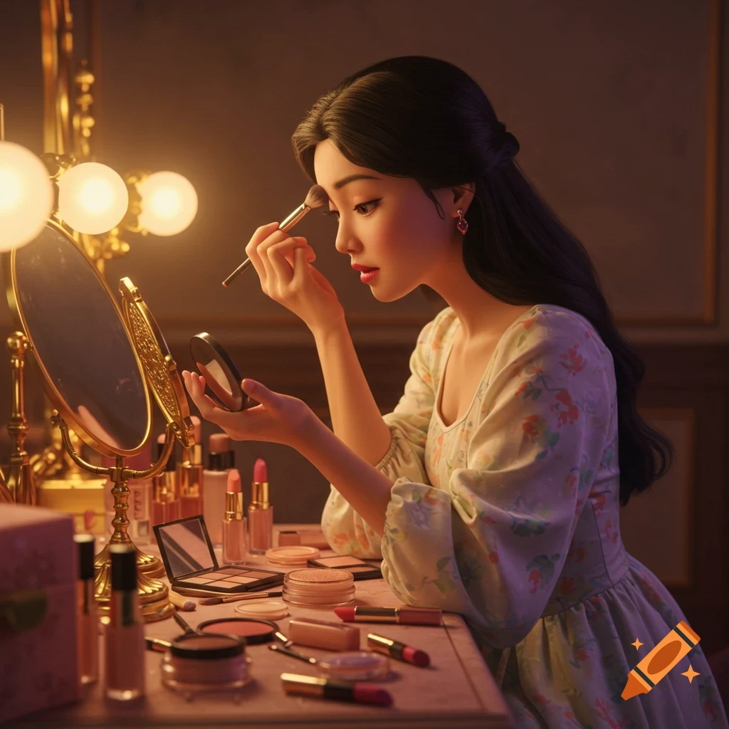 A woman in a dress applies makeup at a brightly lit vanity table.