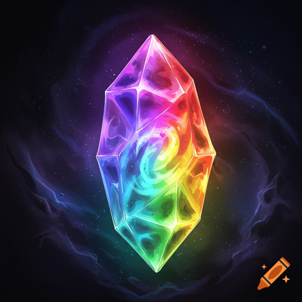 A glowing, rainbow-colored faceted crystal floats in a dark, starry space background with wisps of nebula.