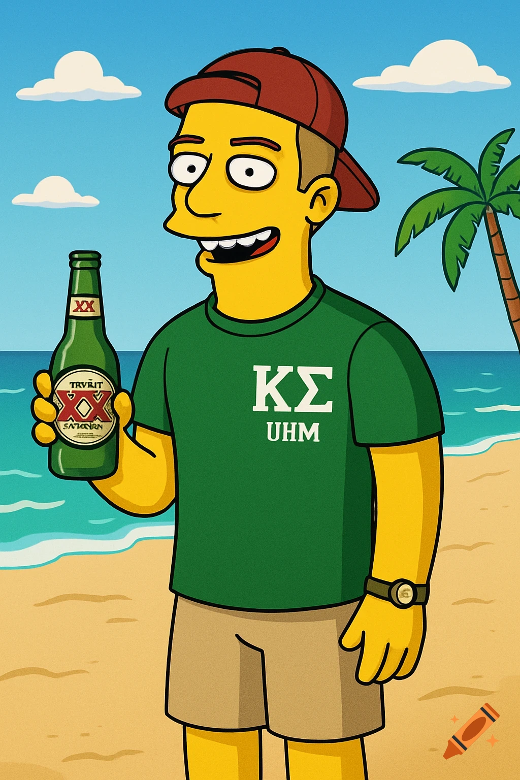 A cartoon man in the Simpsons style, wearing a green shirt and cap, holds a beer on a beach.