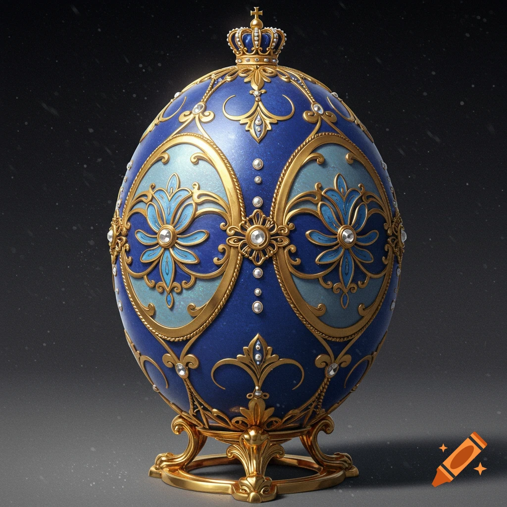 A blue and gold Faberge egg with ornate decorations and jewels on a stand.