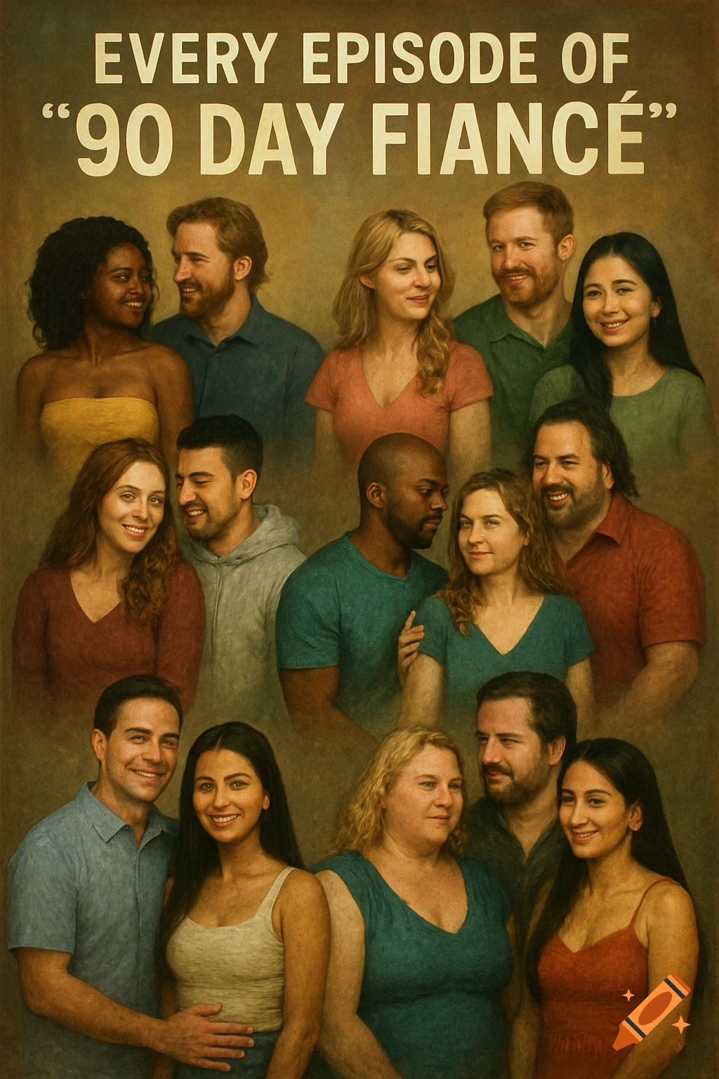 Group portrait of diverse people with the text 'EVERY EPISODE OF "90 DAY FIANCE"' above them.