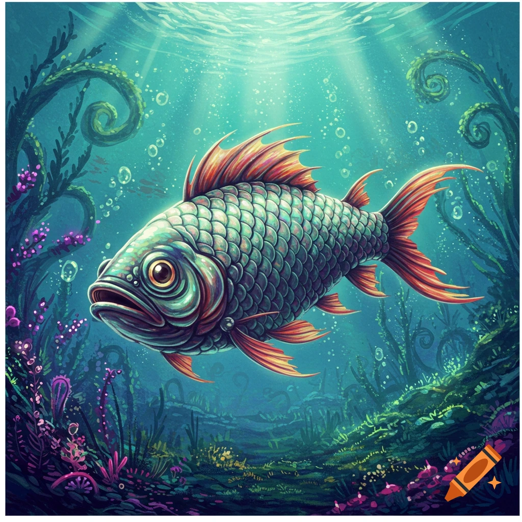 Stylized fish swims in a colorful underwater scene with plants and bubbles, illustration style.